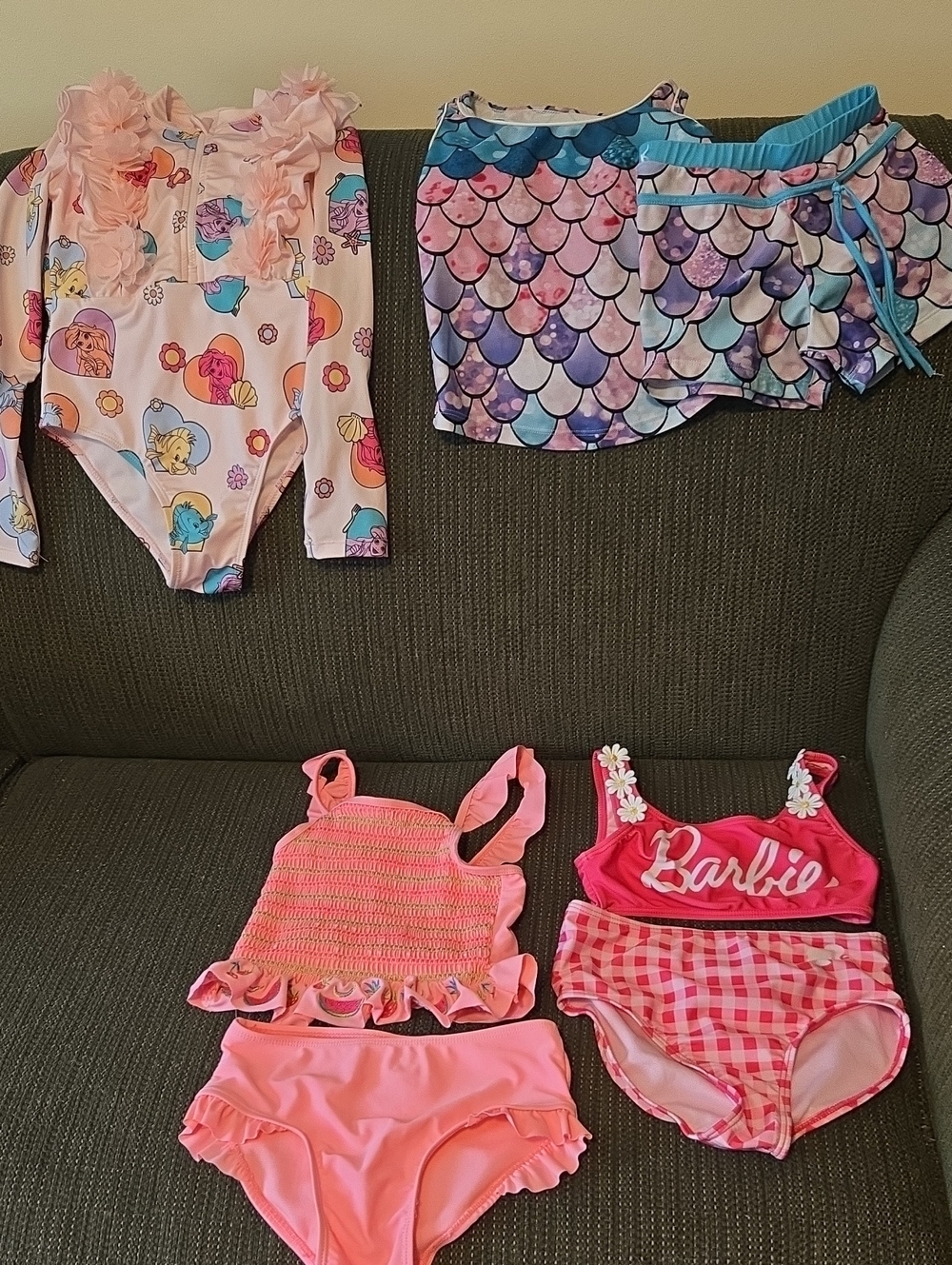 Girls Mixed Pink Swim Set Bundle - Mermaid & Barbie Styles - 4 Total, Size 6